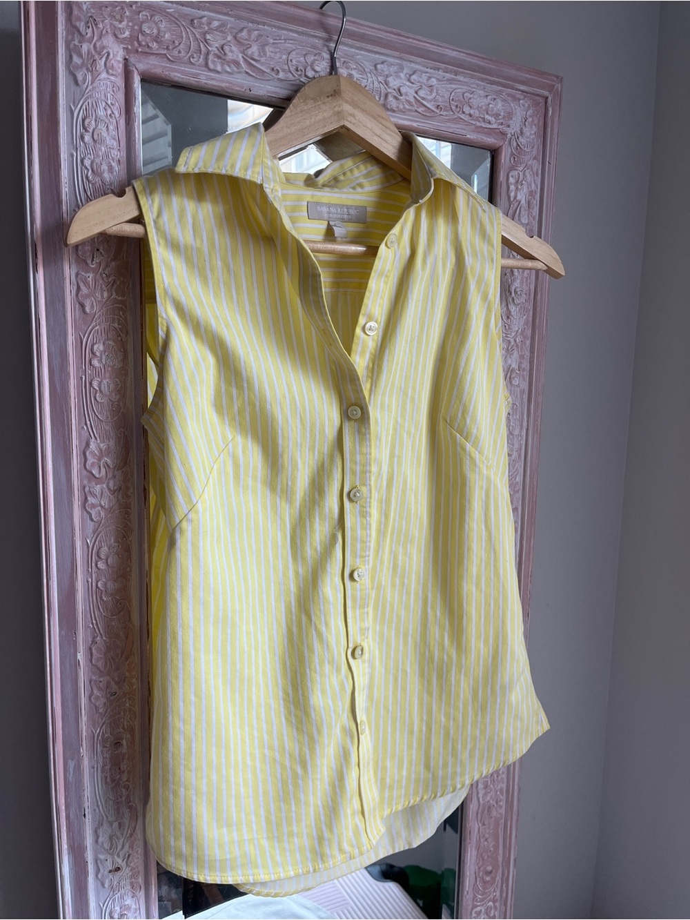 Butter Yellow White Striped Sleeveless Button-Down